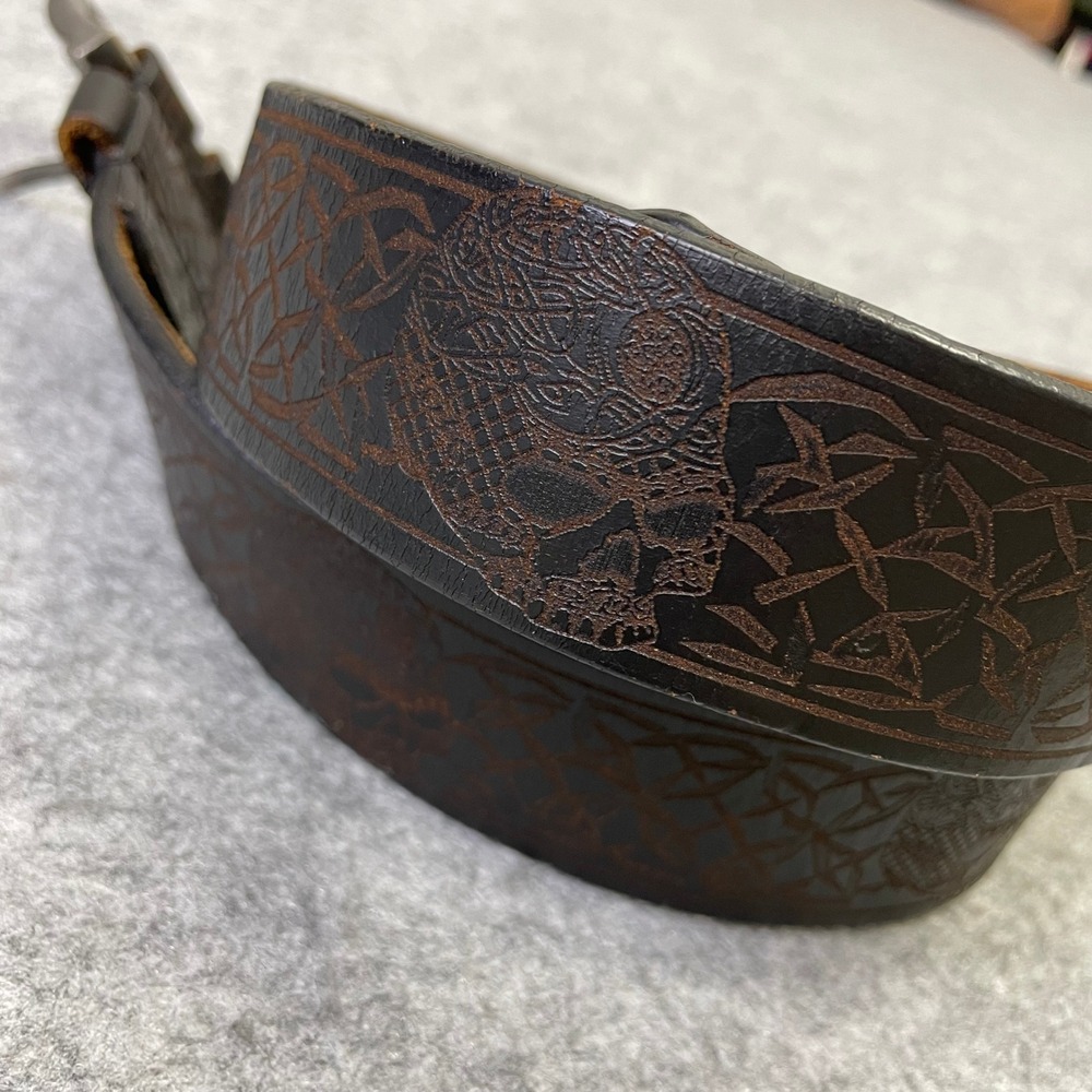 Mens Brown Genuine Leather Skull Celtic Knot Embossed Belt Size 34 Biker Gothic